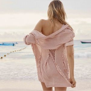 For Love and Lemons Women's Isla Lace Up Shirt Dress Orange White Swim Cover up